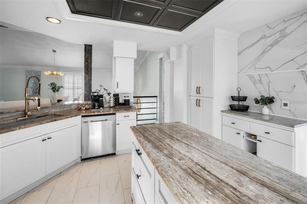 Interior, Kitchen, Marble, Marble Walls, Pendant Lights, Recessed Lighting