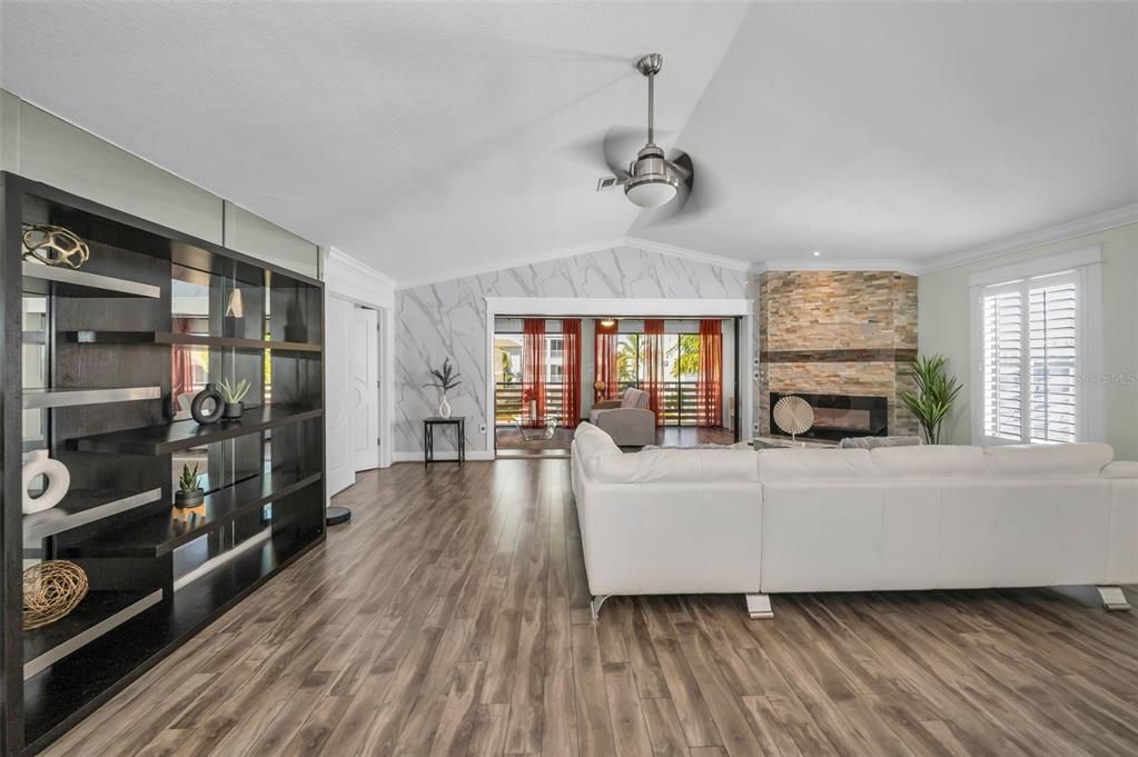 Fireplace, Interior, Living room, Stone Walls, Wood Texture Flooring