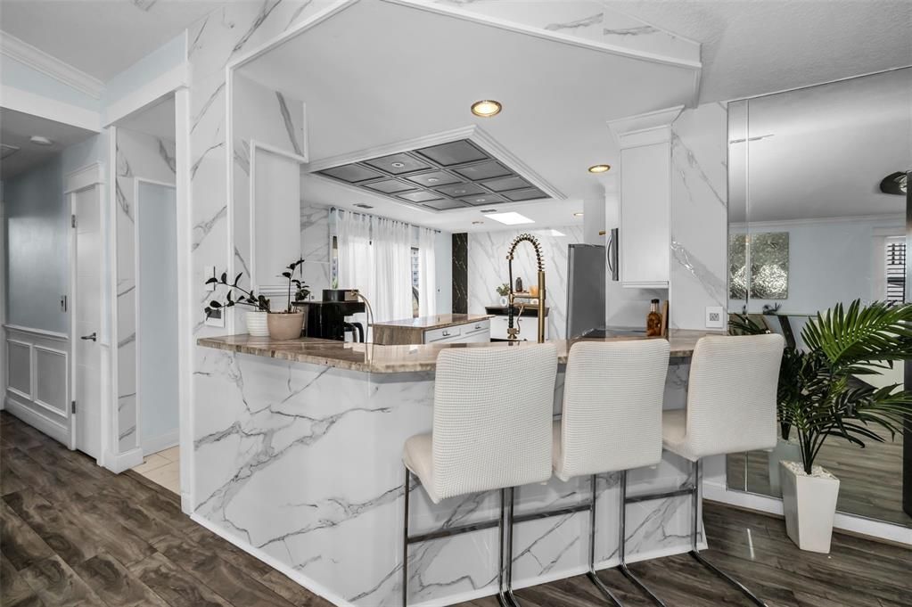 Interior, Kitchen, Marble Walls, Recessed Lighting, Wood Texture Flooring