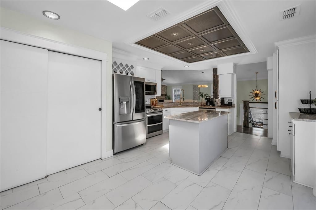 Interior, Kitchen, Marble, Pendant Lights, Recessed Lighting, Stainless Steel Appliances