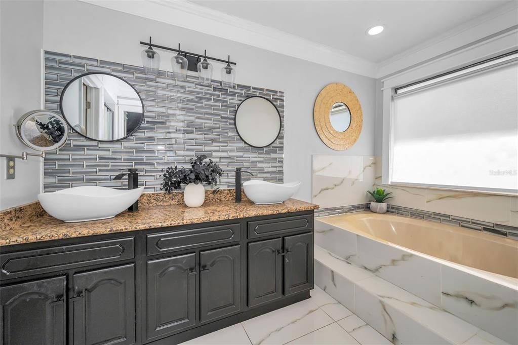 Bathroom, Dual Sink Vanities, Interior, Marble, Recessed Lighting