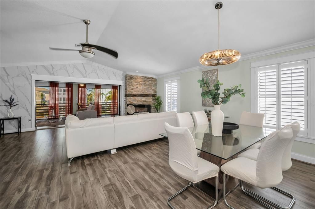 Dining room, Fireplace, Interior, Living room, Pendant Lights, Stone Walls, Wood Texture Flooring