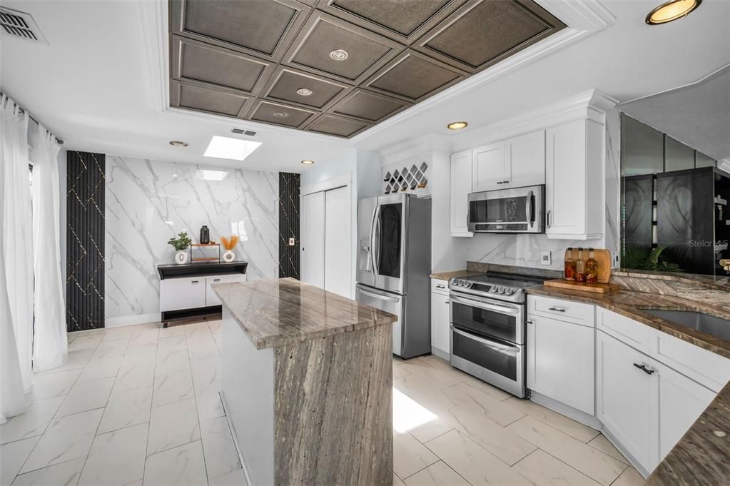 Interior, Kitchen, Marble, Marble Walls, Recessed Lighting, Stainless Steel Appliances