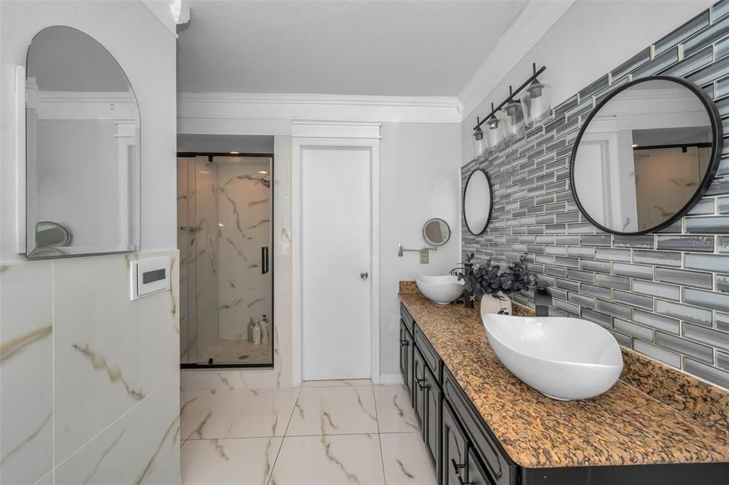 Bathroom, Dual Sink Vanities, Interior, Marble, Marble Walls