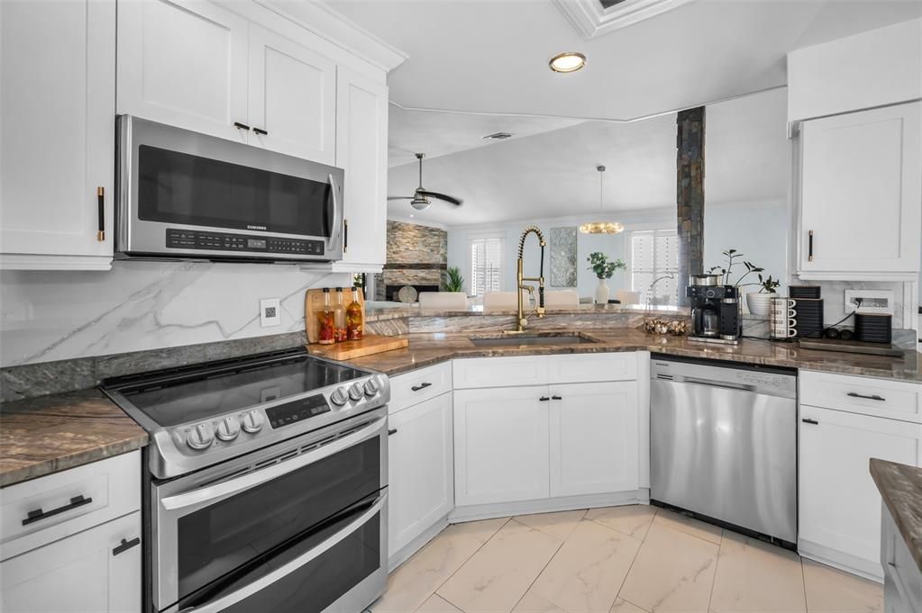 Interior, Kitchen, Marble, Pendant Lights, Recessed Lighting, Stainless Steel Appliances