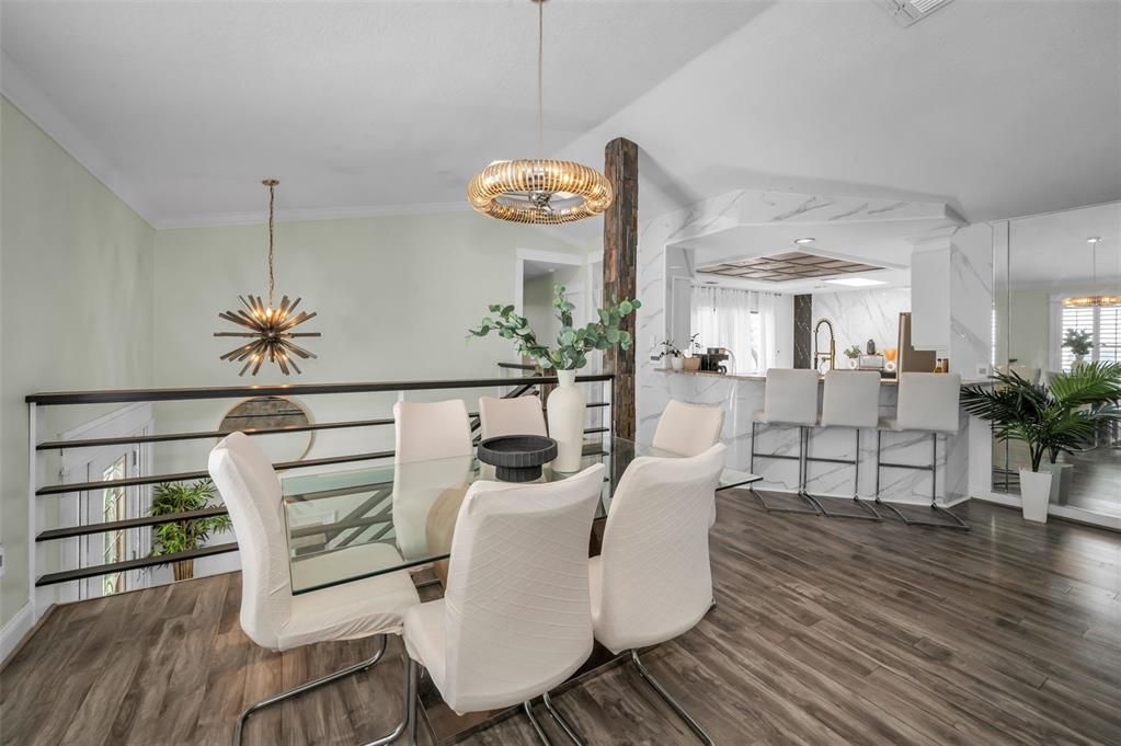 Chandelier, Dining room, Interior, Kitchen, Marble Walls, Pendant Lights, Wood Texture Flooring