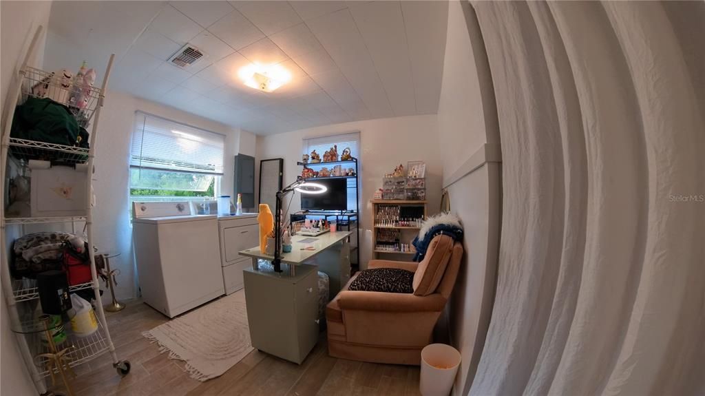 Fireplace, Home Office, Interior, Washer, Wood Texture Flooring