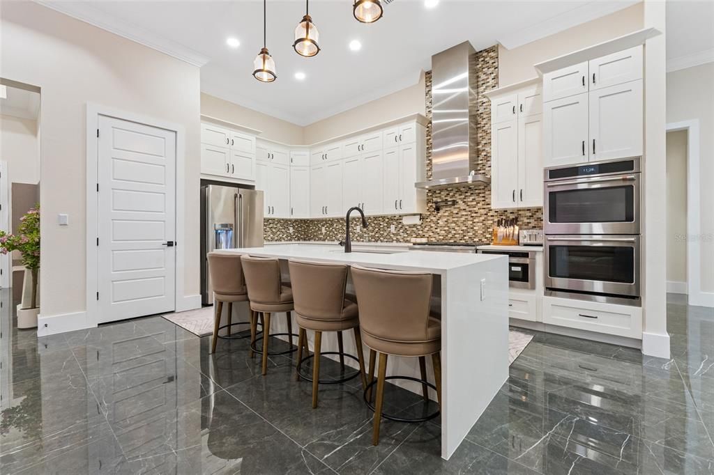 Interior, Kitchen, Marble, Pendant Lights, Recessed Lighting, Stainless Steel Appliances