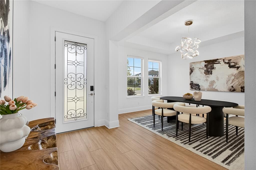 Dining room, Interior, Pendant Lights, Wood Texture Flooring