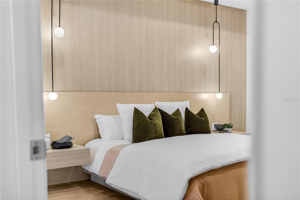 Bedroom, Interior, Pendant Lights, Wood Texture Flooring