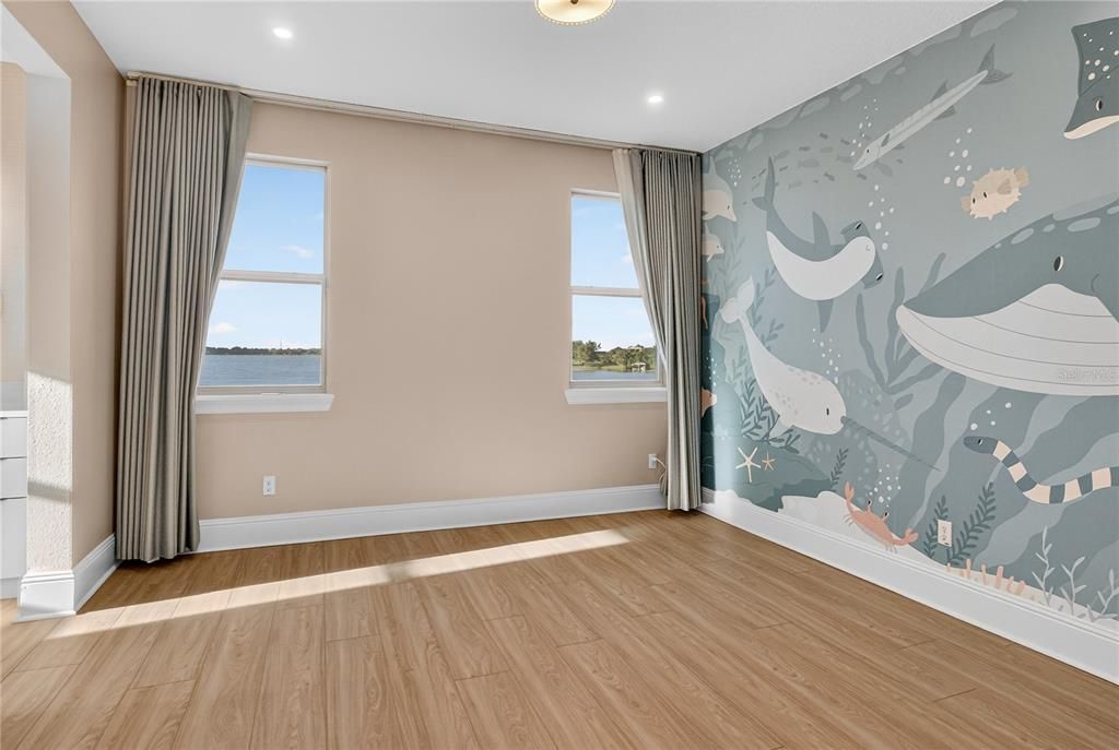 Empty room, Interior, Recessed Lighting, Water, Wood Texture Flooring