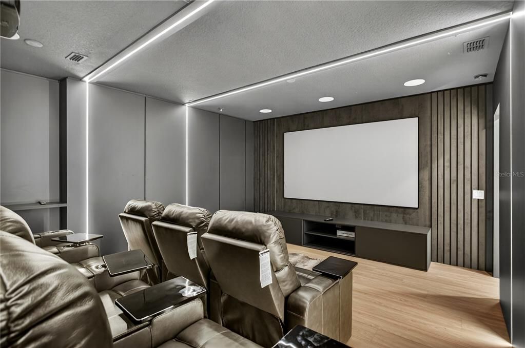 Home Theatre Room, Interior, Projection Screen, Recessed Lighting, Theatre Room, Wood Texture Flooring