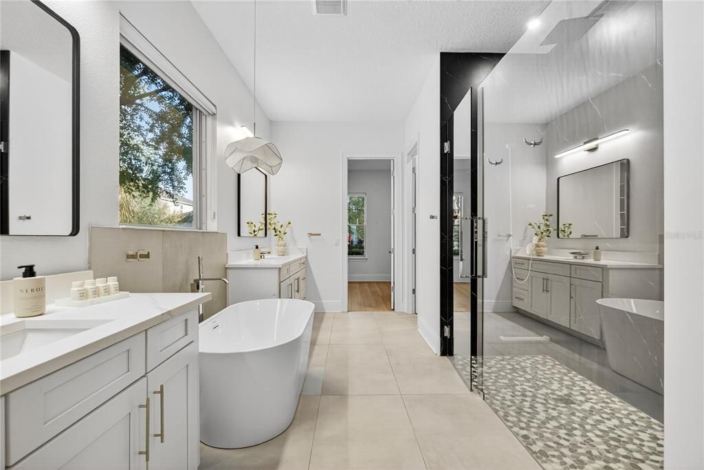 Bathroom, Dual Sink Vanities, Free Standing Baths, Glass Shower, Interior, Pendant Lights