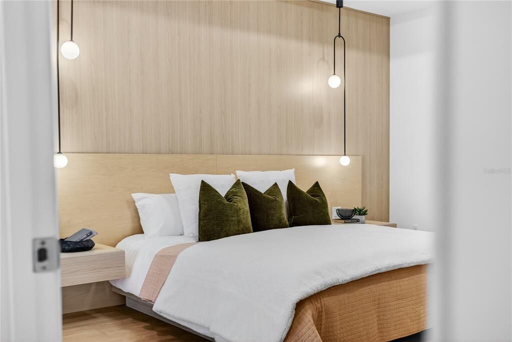 Bedroom, Interior, Pendant Lights, Wood Texture Flooring