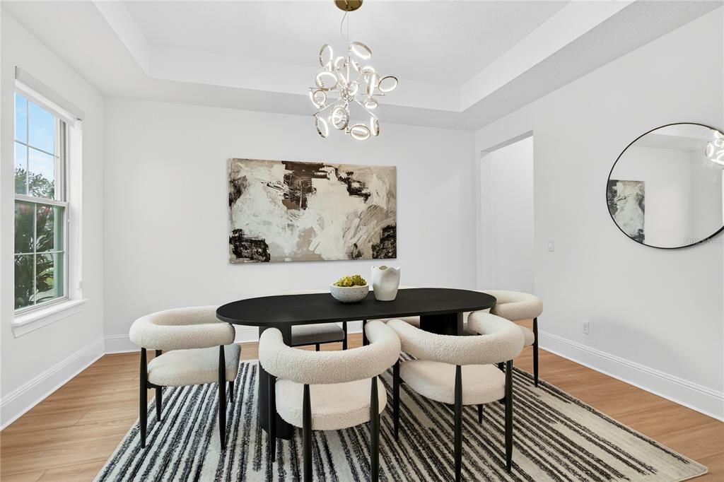 Dining room, Interior, Pendant Lights, Wood Texture Flooring