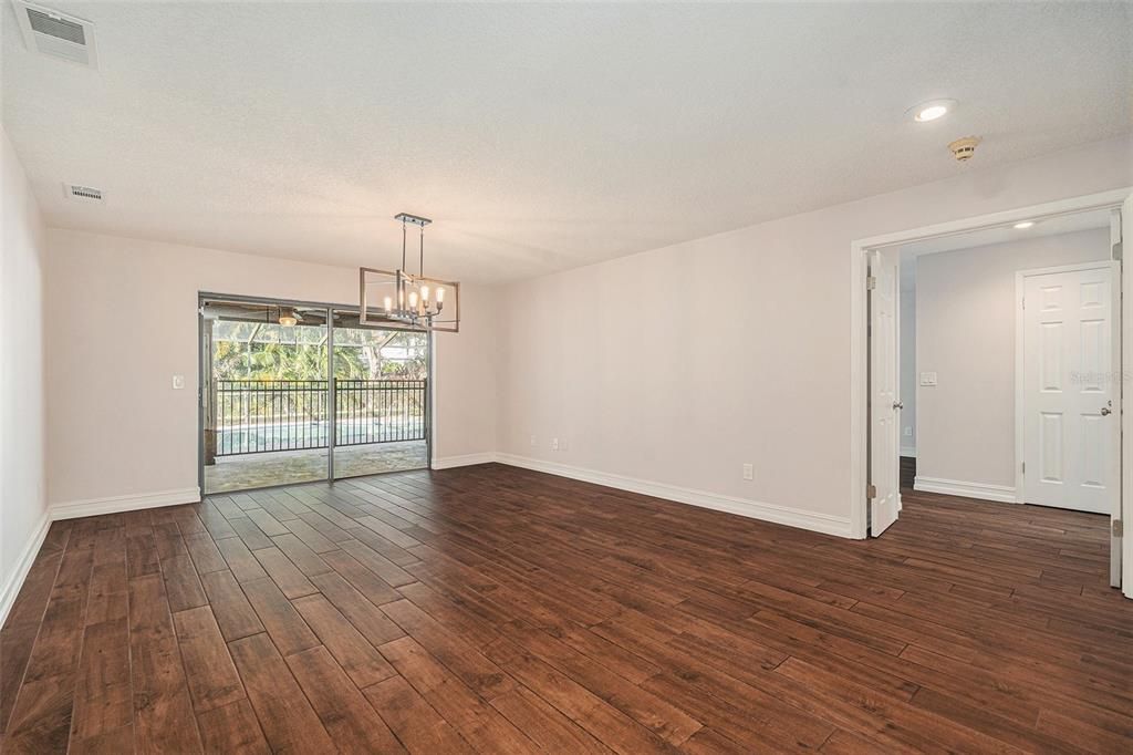 Chandelier, Empty room, Interior, Pendant Lights, Recessed Lighting, Wood Texture Flooring