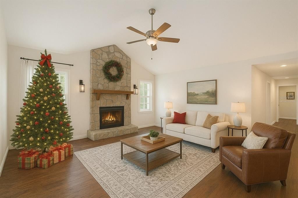 Fireplace, Interior, Living room, Recessed Lighting, Stone Walls, Wood Texture Flooring