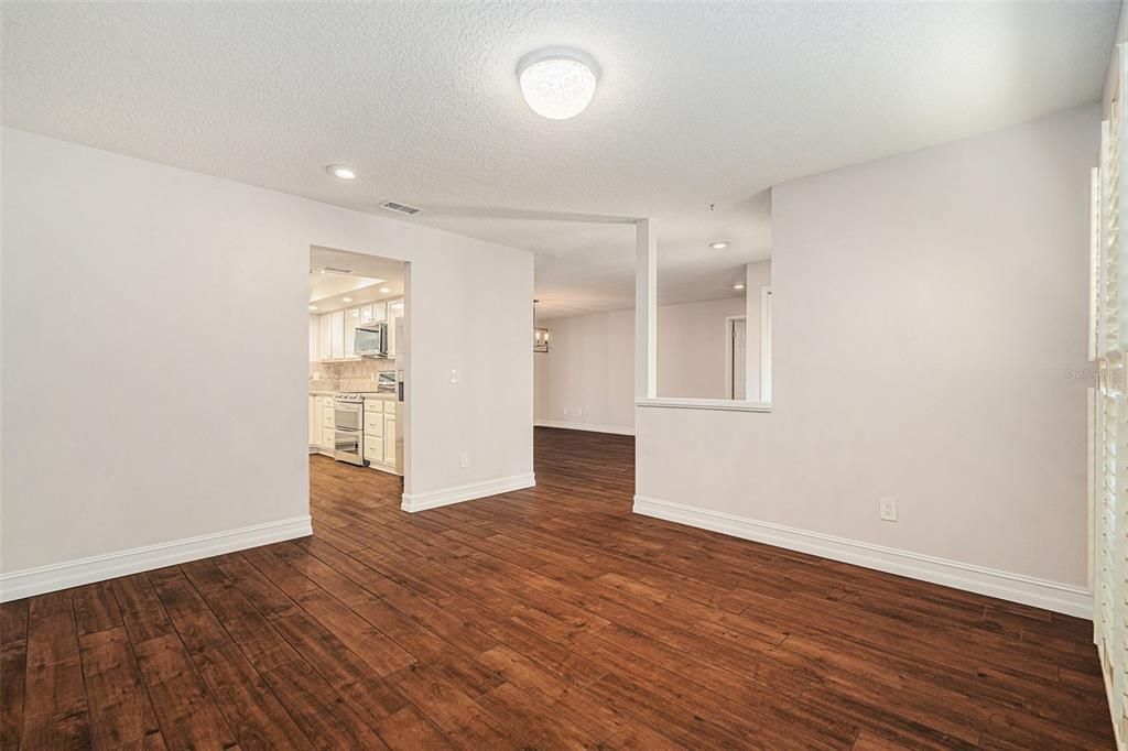 Empty room, Interior, Kitchen, Recessed Lighting, Wood Texture Flooring