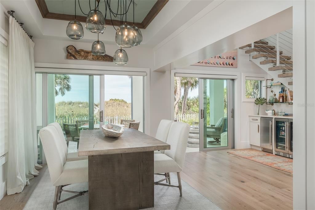 Dining room, Interior, Pendant Lights, Wood Texture Flooring