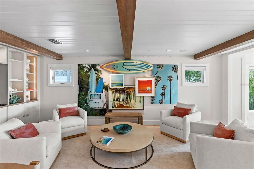 Interior, Living room, Recessed Lighting, Wooden Beams