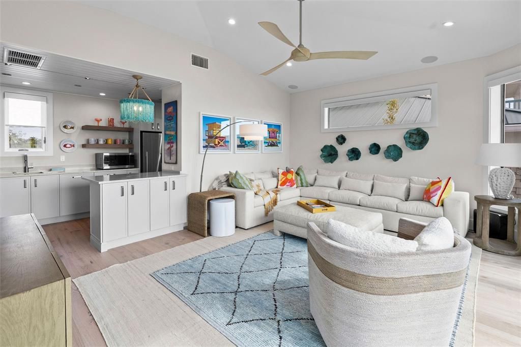 Interior, Kitchen, Living room, Pendant Lights, Recessed Lighting, Wood Texture Flooring