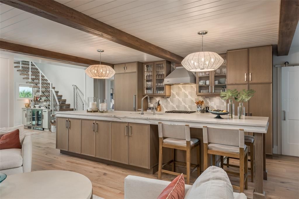 Chandelier, Interior, Kitchen, Pendant Lights, Stainless Steel Appliances, Wooden Beams, Wood Texture Flooring