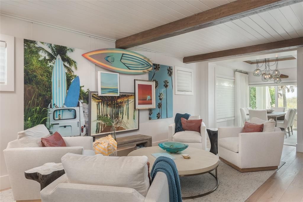 Dining room, Interior, Living room, Pendant Lights, Wooden Beams, Wood Texture Flooring