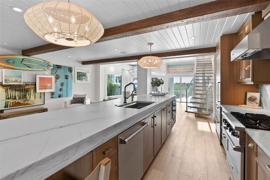 Interior, Kitchen, Pendant Lights, Recessed Lighting, Stainless Steel Appliances, Wooden Beams, Wood Texture Flooring