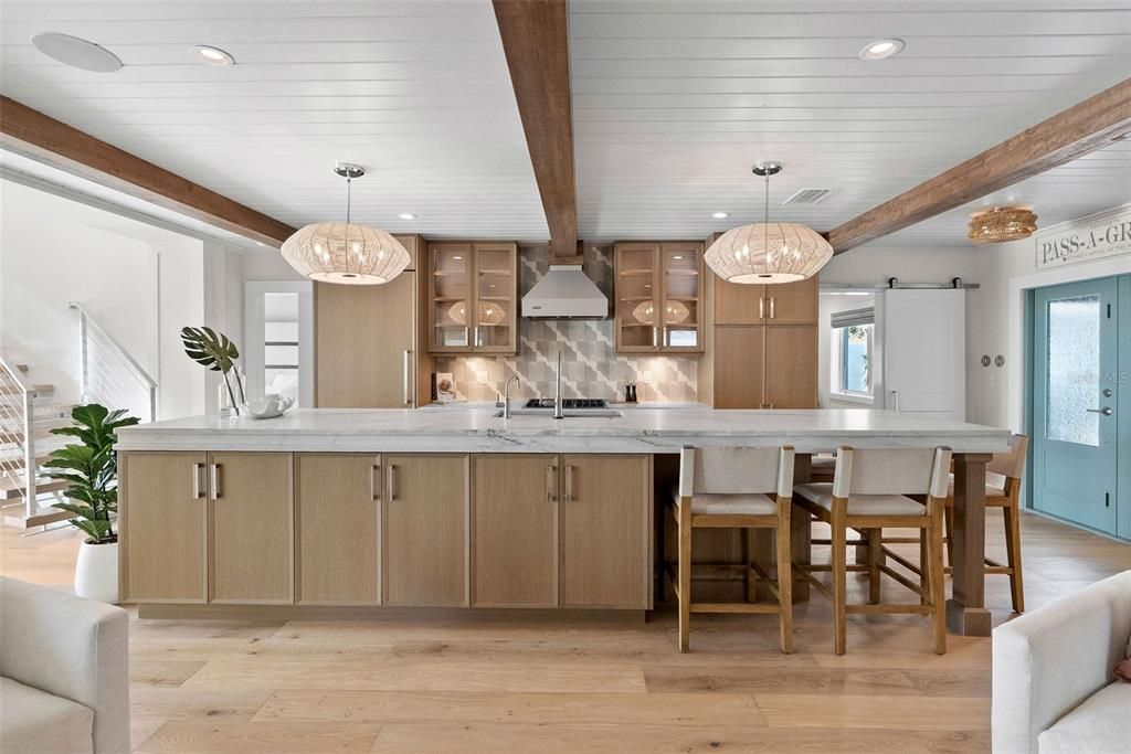 Chandelier, Interior, Kitchen, Recessed Lighting, Wooden Beams, Wood Texture Flooring
