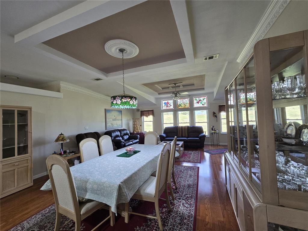 Dining room, Interior, Living room, Pendant Lights, Wood Texture Flooring