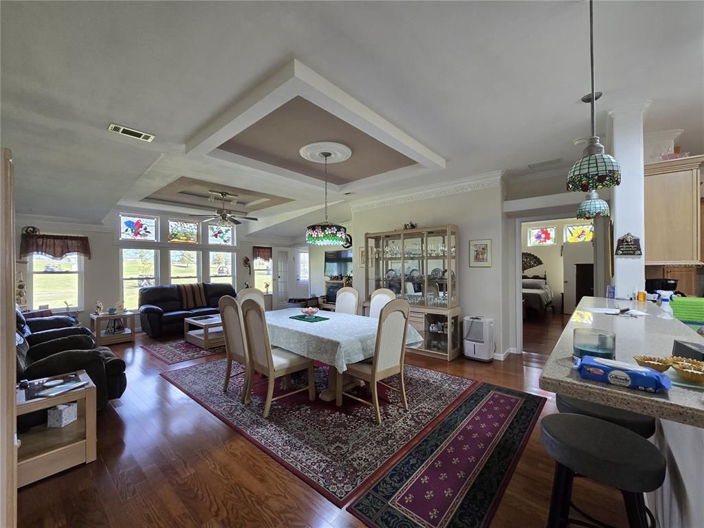 Dining room, Interior, Living room, Pendant Lights, Wood Texture Flooring
