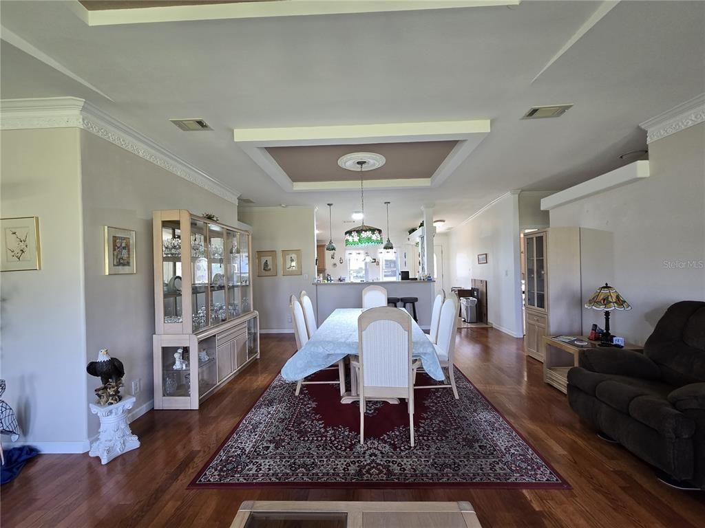 Dining room, Interior, Pendant Lights, Wood Texture Flooring
