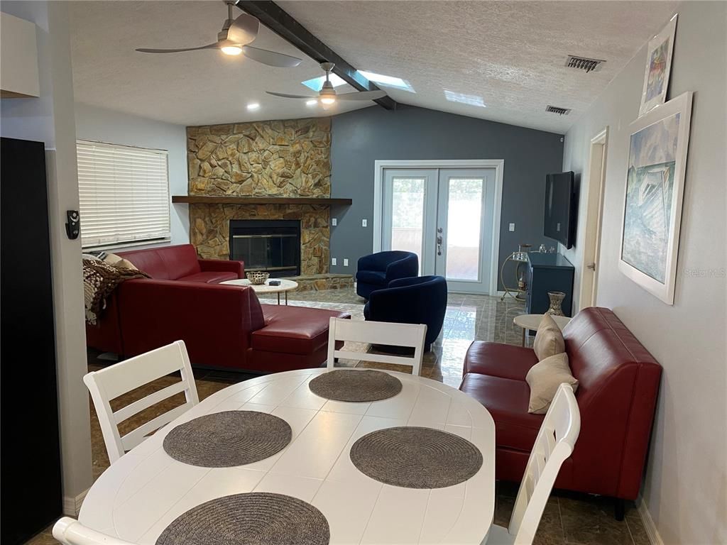 Fireplace, Interior, Living room, Recessed Lighting, Stone Walls