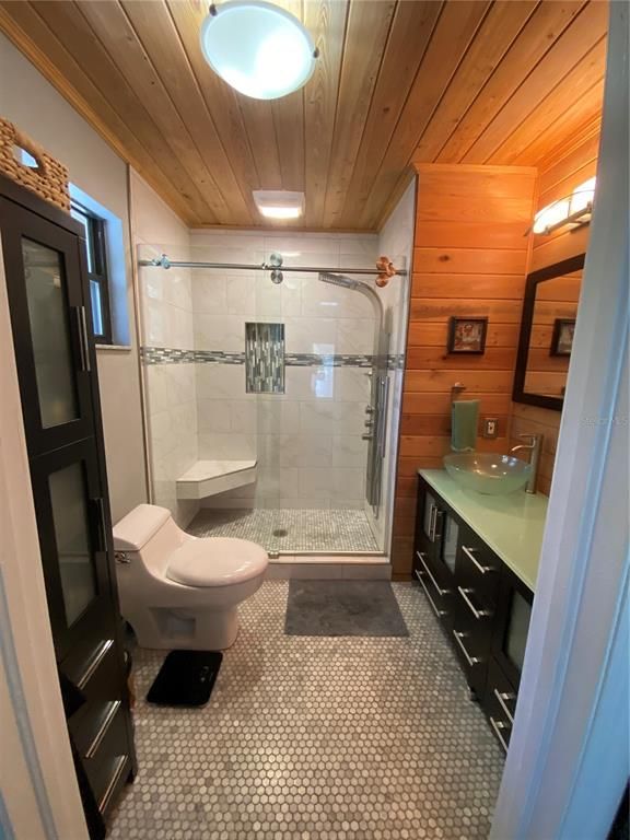 Bathroom, Glass Shower, Interior, Wooden Ceilings, Wooden Walls