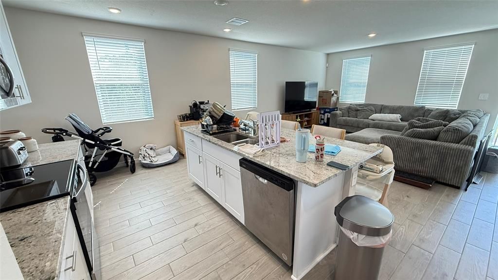 Interior, Kitchen, Living room, Recessed Lighting, Wood Texture Flooring