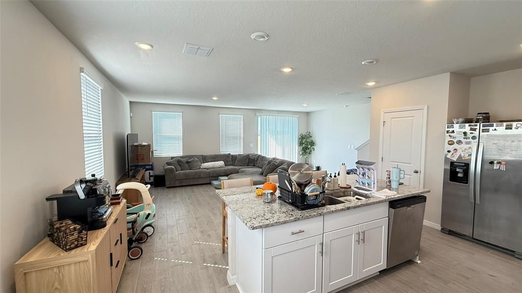 Interior, Kitchen, Living room, Recessed Lighting, Wood Texture Flooring