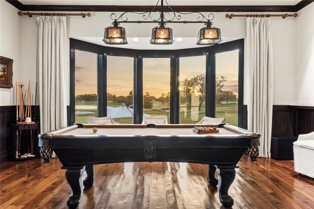 Billiard Table, Game Room, Interior, Pendant Lights, Water, Wood Texture Flooring