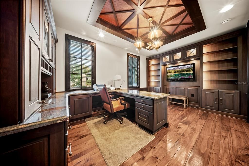 Chandelier, Home Office, Interior, Recessed Lighting, Wooden Ceilings, Wood Texture Flooring