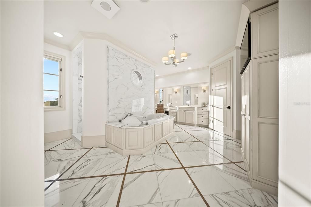 Bathroom, Chandelier, Interior, Marble, Marble Walls, Recessed Lighting