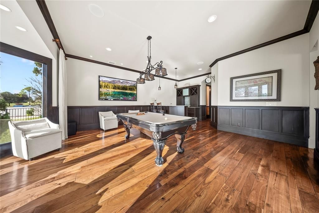 Billiard Table, Game Room, Interior, Pendant Lights, Recessed Lighting, Wood Texture Flooring