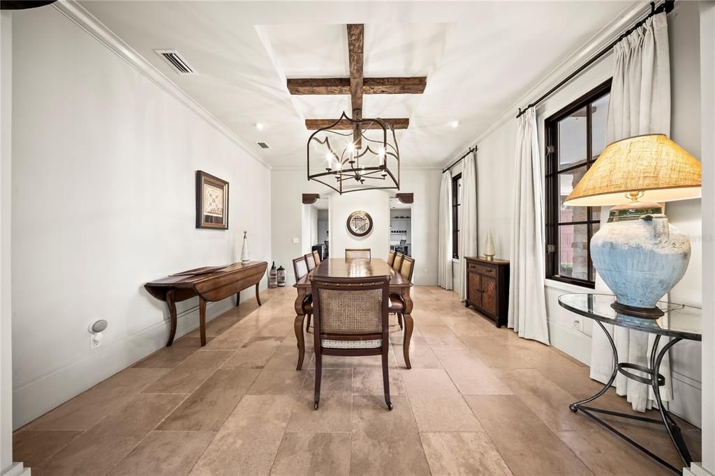 Billiard Table, Chandelier, Dining room, Interior, Pendant Lights, Recessed Lighting, Wooden Beams