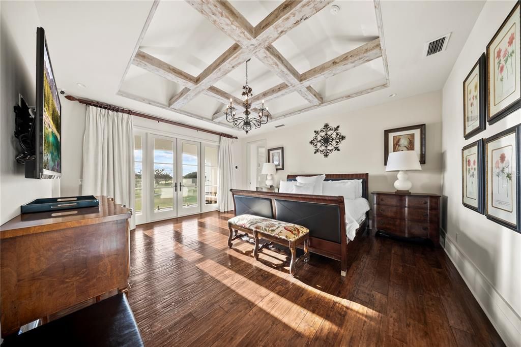 Bedroom, Chandelier, Interior, Recessed Lighting, Wooden Beams, Wood Texture Flooring