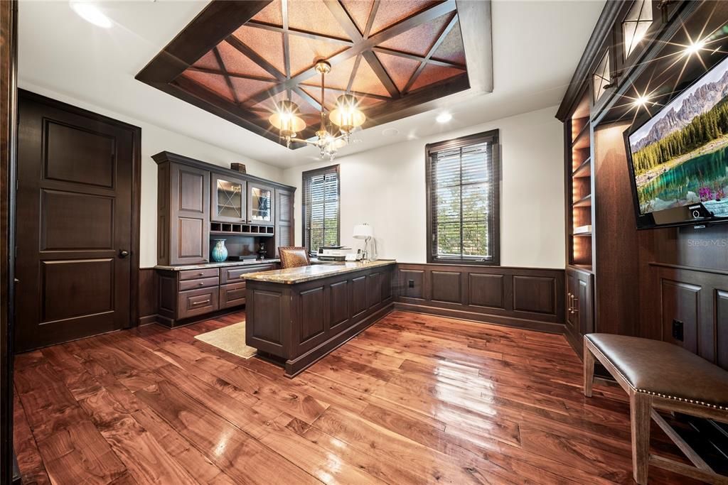 Chandelier, Home Office, Interior, Pendant Lights, Recessed Lighting, Wooden Ceilings, Wood Texture Flooring
