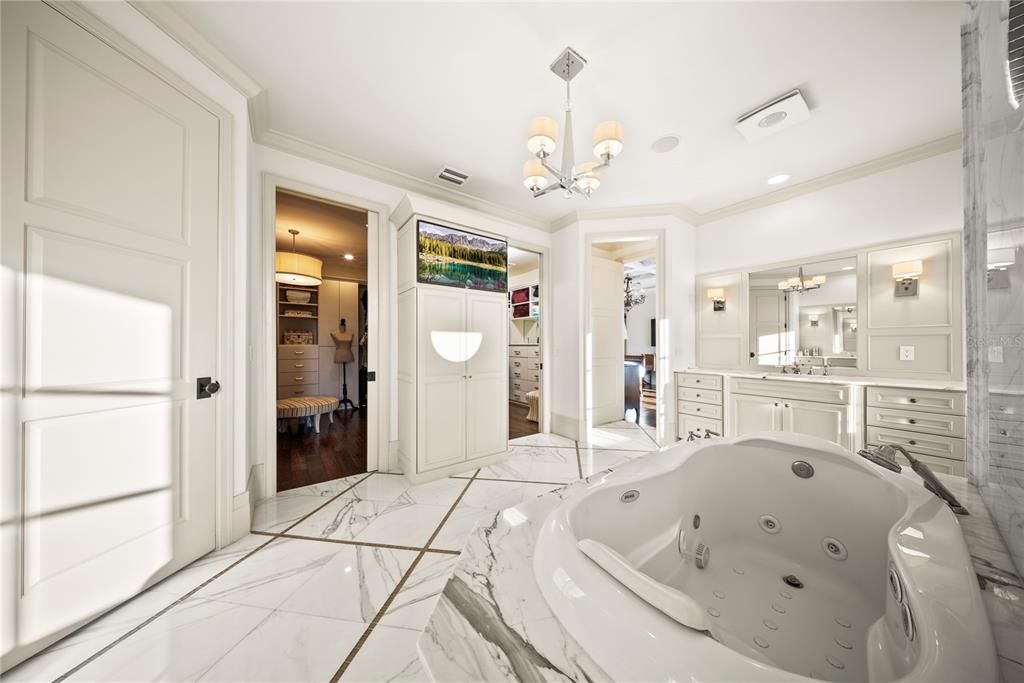 Bathroom, Chandelier, Hot Tub, Interior, Marble, Recessed Lighting, Wood Texture Flooring