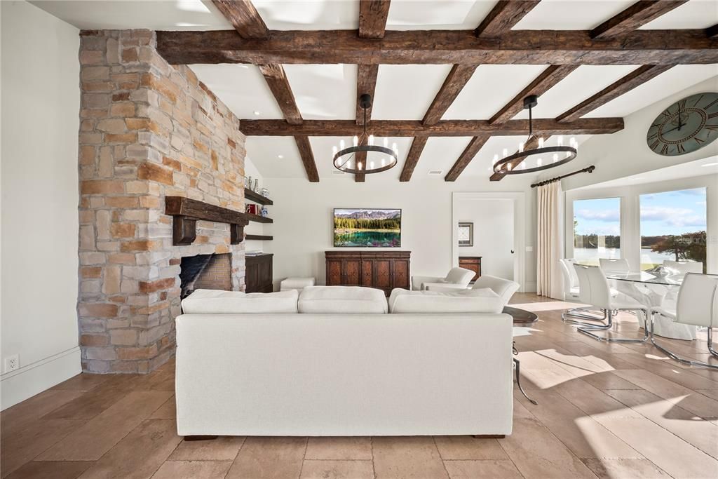 Dining room, Fireplace, Interior, Living room, Pendant Lights, Recessed Lighting, Wooden Beams