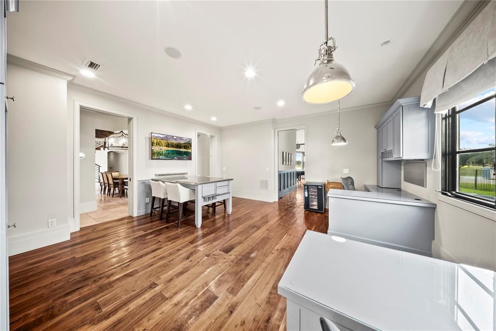 Dining room, Interior, Kitchen, Pendant Lights, Recessed Lighting, Wood Texture Flooring