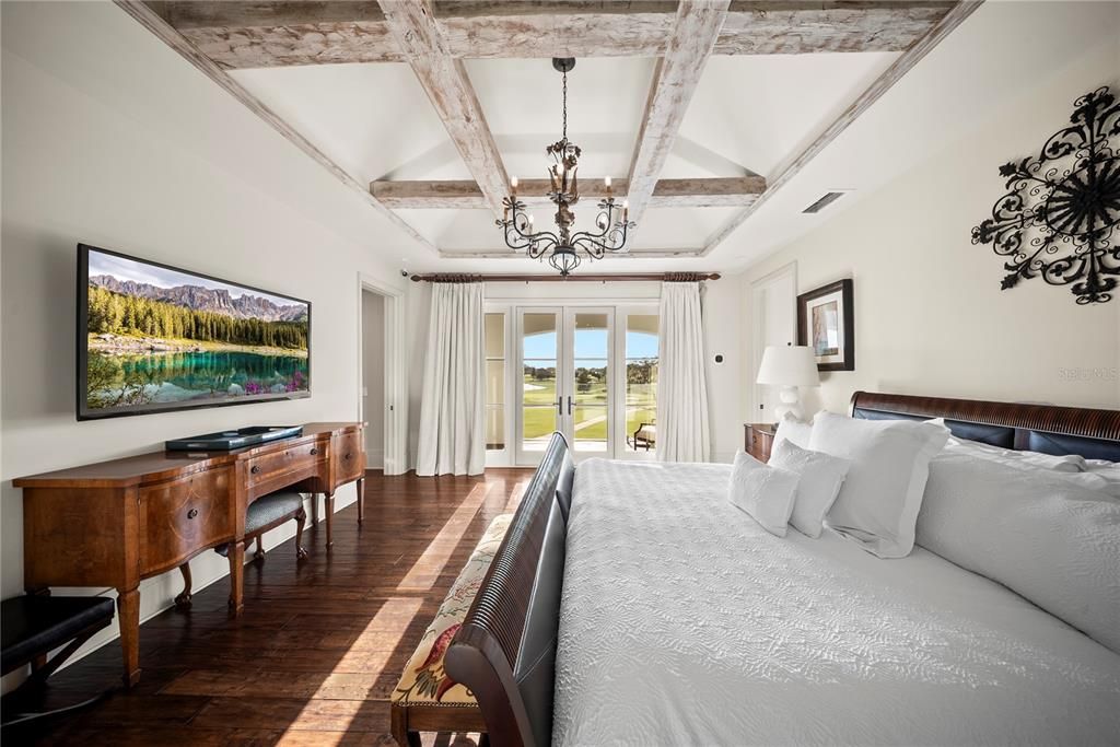 Bedroom, Chandelier, Interior, Wooden Beams, Wood Texture Flooring
