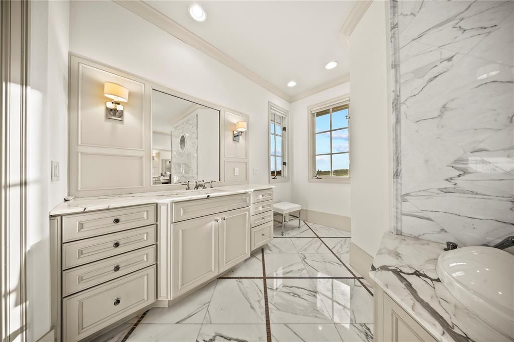 Bathroom, Dual Sink Vanities, Interior, Marble, Marble Walls, Recessed Lighting