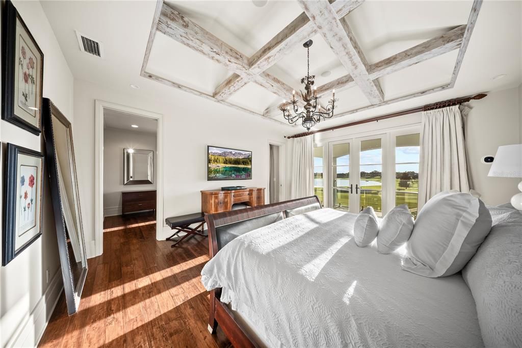 Bedroom, Chandelier, Interior, Recessed Lighting, Wooden Beams, Wood Texture Flooring
