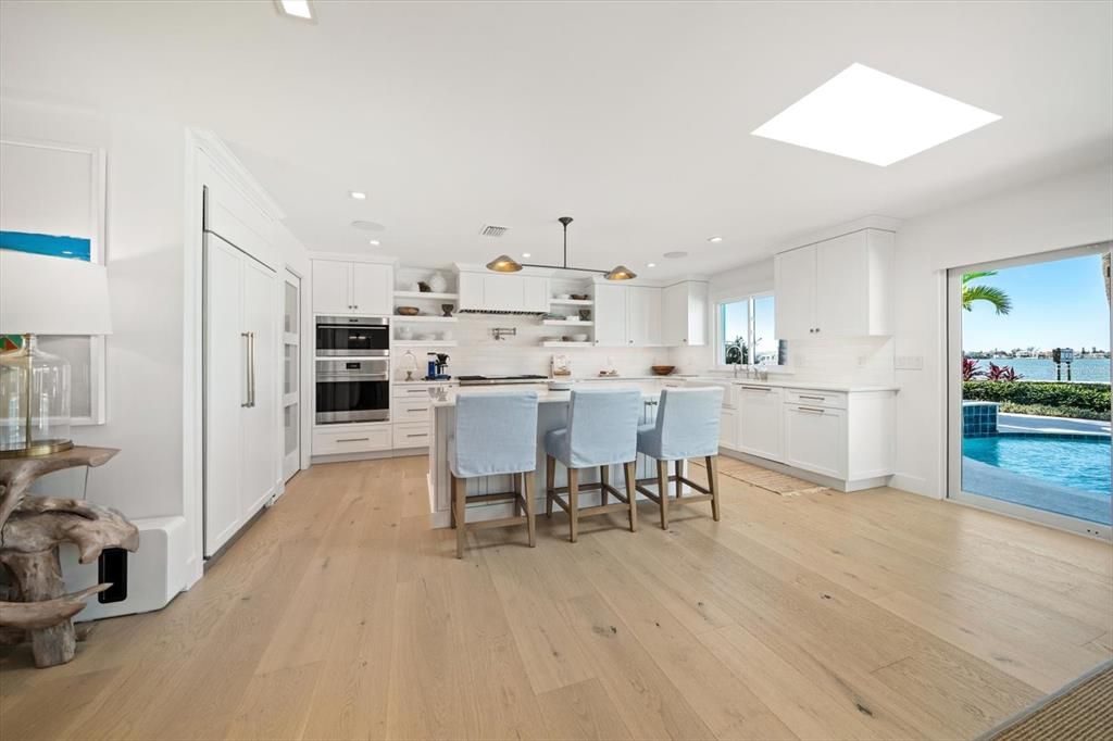 Interior, Kitchen, Pendant Lights, Recessed Lighting, Stainless Steel Appliances, Water, Wood Texture Flooring